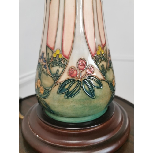 861 - Moorcroft Tree pattern pottery table lamp mounted on wooden base. { 43cm H X 18cm Dia }.