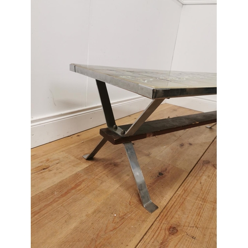 862 - Mid century chrome coffee table with decorative tiled top. { 42cm H X 142cm W X 47cm D }.