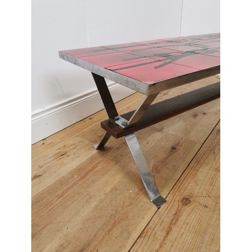 863 - Mid century chrome coffee table with decorative tiled top. { 42cm H X 142cm W X 47cm D }.