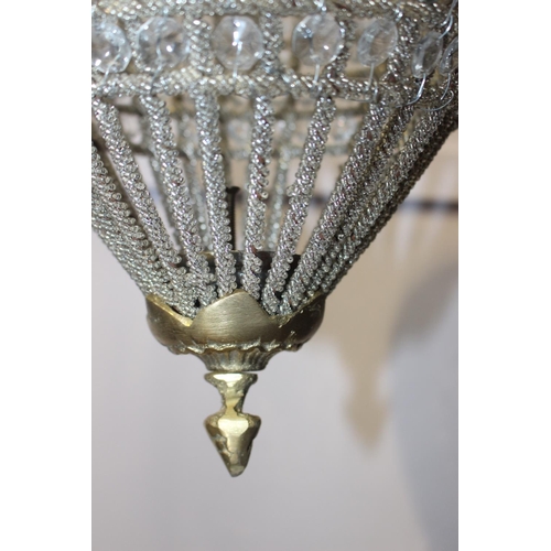 880 - Cut glass and brass chandelier in the Faberge style { 50cm H X 28cm Dia }.