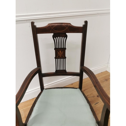 889 - Edwardian inlaid mahogany open armchair with upholstered seat { 100cm H X 58cm W X 52cm D }.