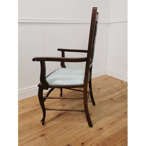 889 - Edwardian inlaid mahogany open armchair with upholstered seat { 100cm H X 58cm W X 52cm D }.