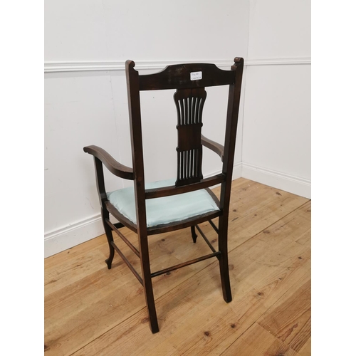 889 - Edwardian inlaid mahogany open armchair with upholstered seat { 100cm H X 58cm W X 52cm D }.