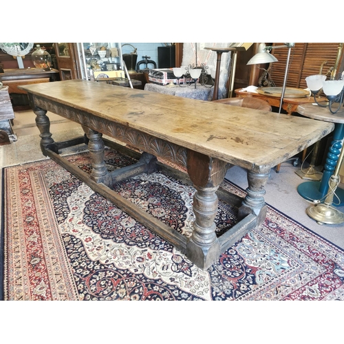 894 - 17th. C. oak refectory table with carved frieze and raised on turned bulbous legs and stretchers { 8... 