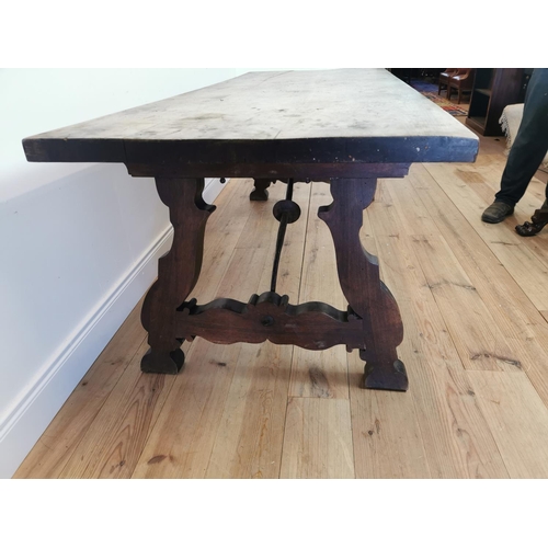 913 - 18th C. walnut Spanish kitchen table on lyre supports with metal brackets. {77 cm H x 225 cm L x 84 ... 