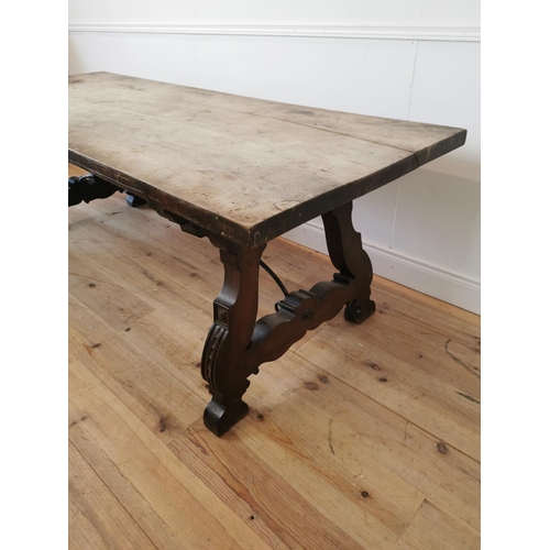 913 - 18th C. walnut Spanish kitchen table on lyre supports with metal brackets. {77 cm H x 225 cm L x 84 ... 