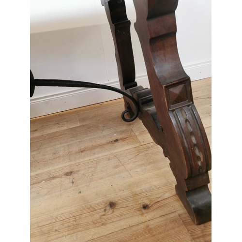 913 - 18th C. walnut Spanish kitchen table on lyre supports with metal brackets. {77 cm H x 225 cm L x 84 ... 