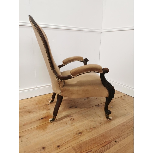 915 - 19th. C. upholstered carved mahogany open armchair raised on cabriole legs { 100cm H X 70cm W X 73cm... 