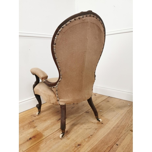 915 - 19th. C. upholstered carved mahogany open armchair raised on cabriole legs { 100cm H X 70cm W X 73cm... 