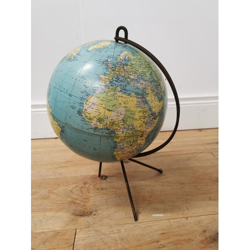 922 - Vintage 1950's world globe mounted on wrought iron base  { 40cm H X 30cm Dia }.