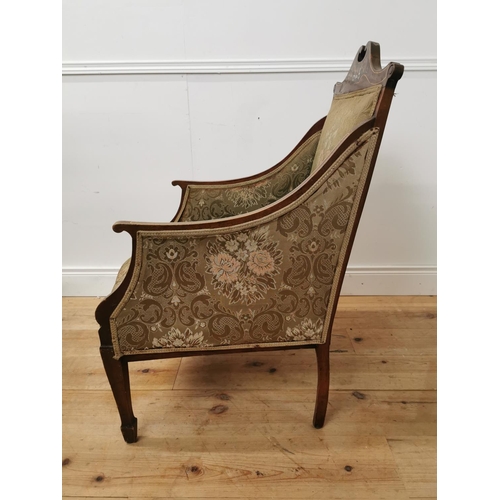 930 - Edwardian upholstered inlaid mahogany armchair raised on tapered legs { 100cm H X 53cm W X 69cm D }