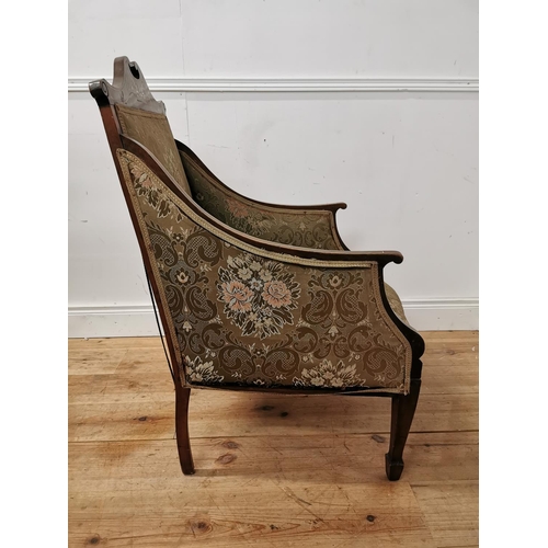 930 - Edwardian upholstered inlaid mahogany armchair raised on tapered legs { 100cm H X 53cm W X 69cm D }