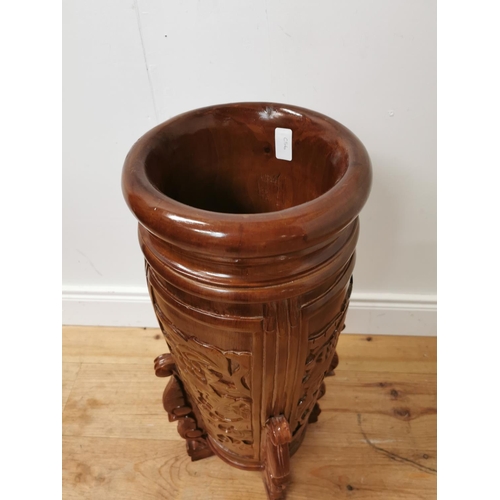 938 - Oriental carved hardwood stick stand { 74cm H X 34cm Dia }.