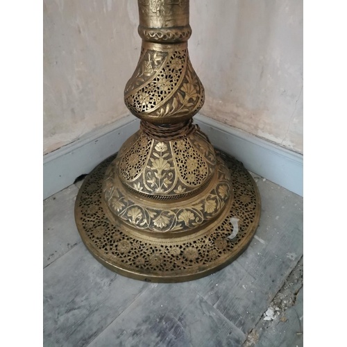 941 - 19th. C. Oriental brass standard lamp with cloth shade . { 183cm H X 54cm W }.