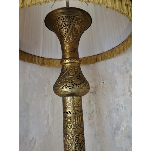 941 - 19th. C. Oriental brass standard lamp with cloth shade . { 183cm H X 54cm W }.