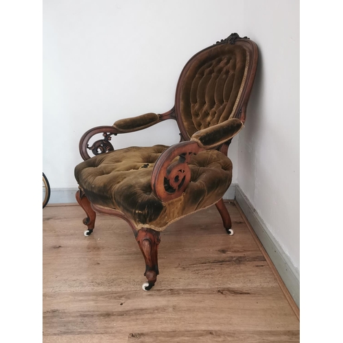 947 - Good quality 19th. C. Deep buttoned upholstered mahogany armchair raised on cabriole legs { 101cm H ... 