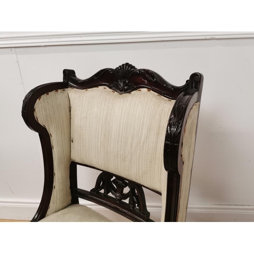 953 - Edwardian upholstered carved mahogany Ladies wing backed chair raised on cabriole legs  { 92cm H X 5... 