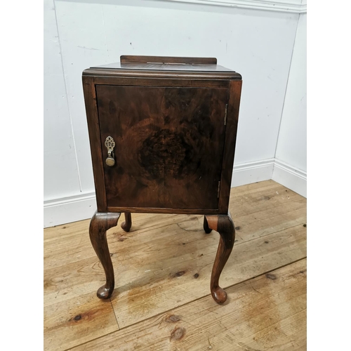 955 - Edwardian burr walnut bedside locker with single blind  door raised on cabriole legs { 76cm H X 40cm... 