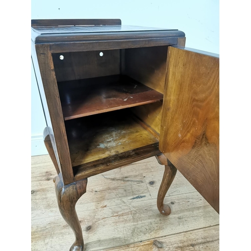 955 - Edwardian burr walnut bedside locker with single blind  door raised on cabriole legs { 76cm H X 40cm... 