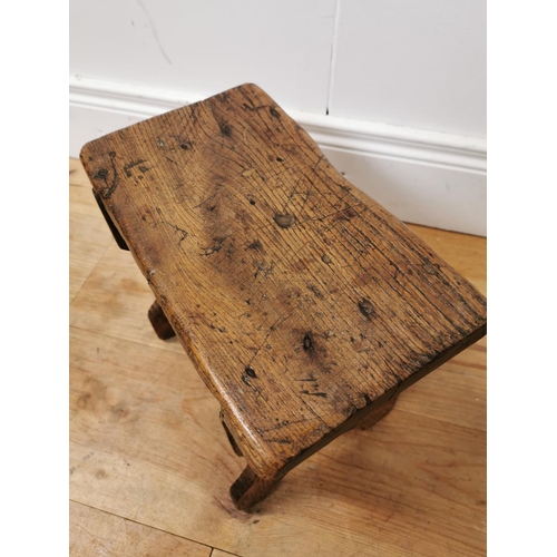 958 - 19th. C. oak creepy stool { 26cm H X 32cm W X 18cm D }.