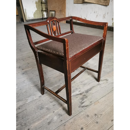 961 - Edwardian inlaid mahogany music seat with upholstered seat { 70cm H X 55cm W X 40cm D }.