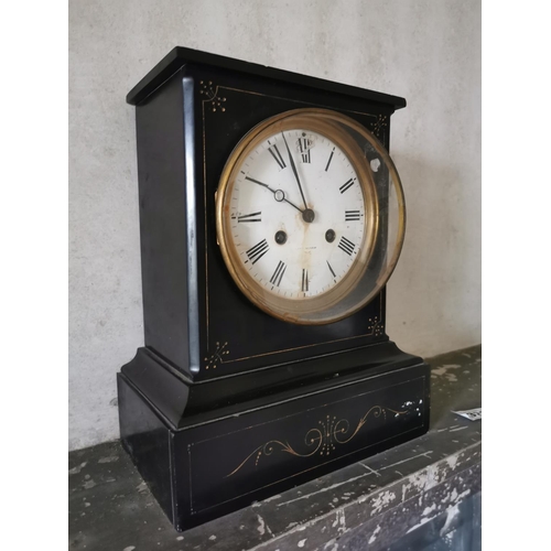 964 - 19th. C. Marble mantle clock with painted dial. { 33cm H X 27cm W X 15cm D }.