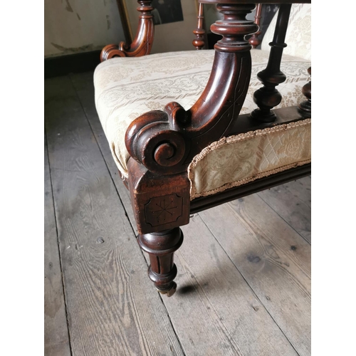 967 - 19th. C. Upholstered mahogany open armchair raised on tapered reeded legs, in need of some repairs {... 