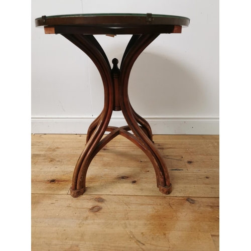 969 - Bentwood centre table with carved Oriental hardwood top. { 74cm H X 61cm Dia }.