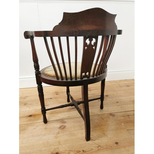 970 - Edwardian mahogany occasional chair with bone inlay and upholstered seat raised on turned legs { 76c... 