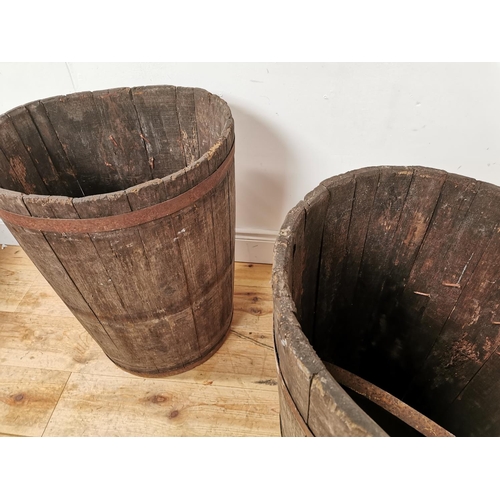 973 - Pair of 19th. C. metal bound oak log buckets with wrought iron handles  { 66cm H X 54cm W X 54cm D }... 