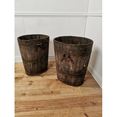 973 - Pair of 19th. C. metal bound oak log buckets with wrought iron handles  { 66cm H X 54cm W X 54cm D }... 