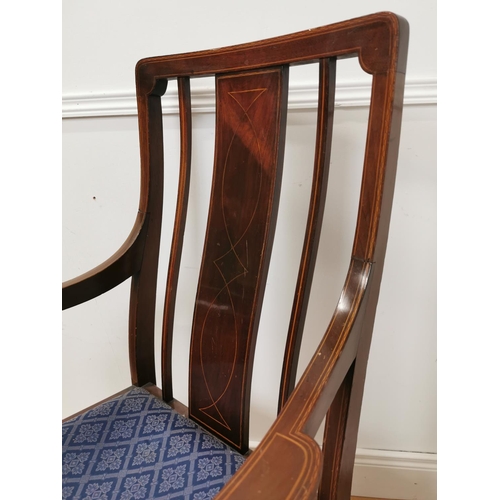 974 - Edwardian mhogany open armchair with stainwood inlaid the upholstered seat above turned legs { 106cm... 