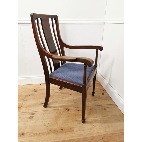 974 - Edwardian mhogany open armchair with stainwood inlaid the upholstered seat above turned legs { 106cm... 