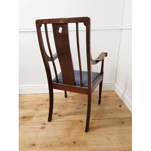 974 - Edwardian mhogany open armchair with stainwood inlaid the upholstered seat above turned legs { 106cm... 