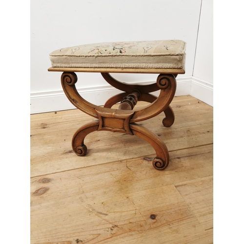 975 - Good quality mahogany piano stool with tapestry upholstered seat raised on lyre shaped supports { 45... 