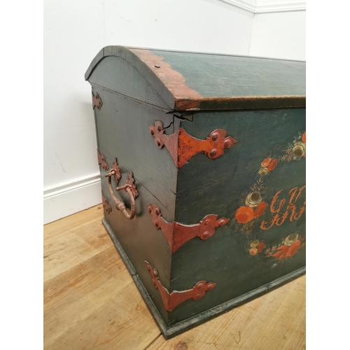 977 - 19th. C. Danish painted oak dome topped metal bound  Marriage trunk G.K.K.D 1749 { 67cm H X 140cm W ... 