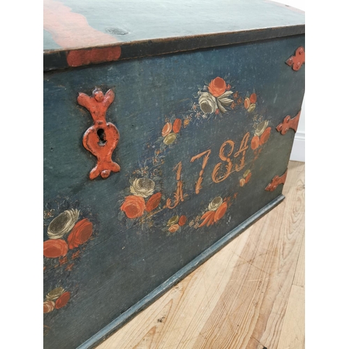 977 - 19th. C. Danish painted oak dome topped metal bound  Marriage trunk G.K.K.D 1749 { 67cm H X 140cm W ... 