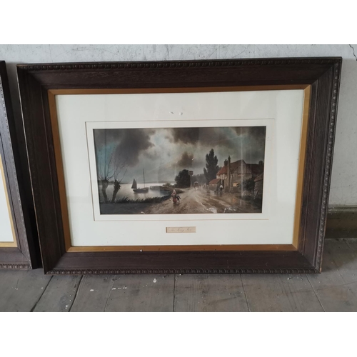 985 - Pair of 19th. C. Ferry Day coloured prints mounted in oak frames { 65cm H X 90cm W }.