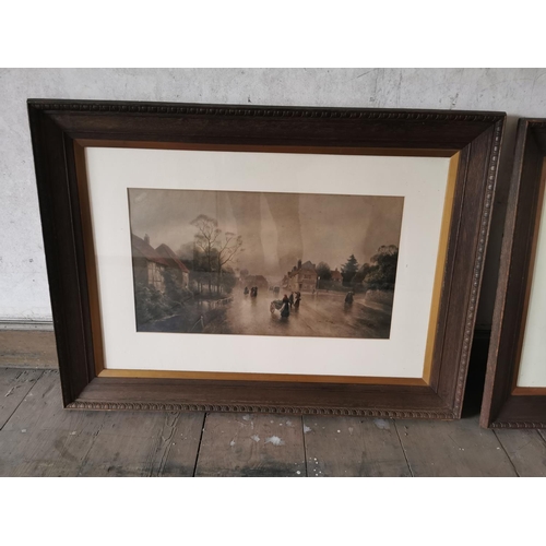 985 - Pair of 19th. C. Ferry Day coloured prints mounted in oak frames { 65cm H X 90cm W }.