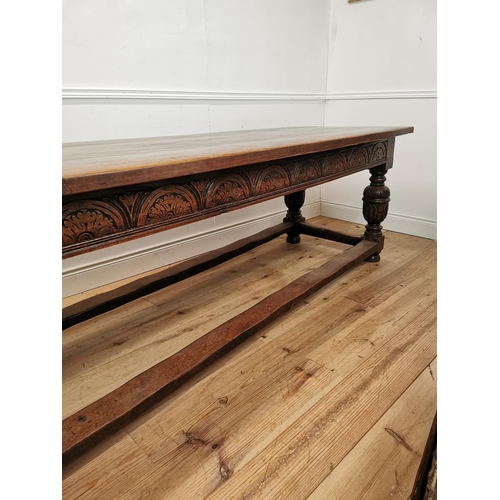 991 - 17th. C. and later carved oak refectory table raised on bulbous legs and stretchers { 80cm H X 267cm... 