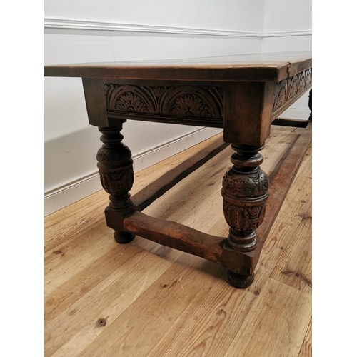 991 - 17th. C. and later carved oak refectory table raised on bulbous legs and stretchers { 80cm H X 267cm... 