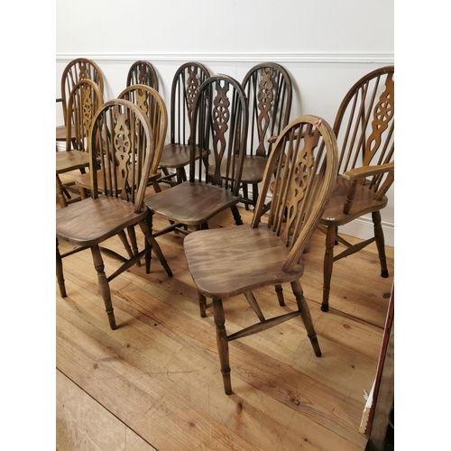 992 - Harlequin set of ten plus two pine wheel slat backed kitchen chairs { approx. 97cm H X 40cm W X 48cm... 