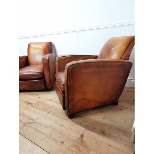 993 - Pair of good quality 1940's French hand dyed tan leather upholstered club chairs { 82cm H X 77cm W X... 