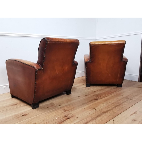 993 - Pair of good quality 1940's French hand dyed tan leather upholstered club chairs { 82cm H X 77cm W X... 