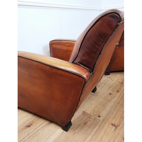 993 - Pair of good quality 1940's French hand dyed tan leather upholstered club chairs { 82cm H X 77cm W X... 