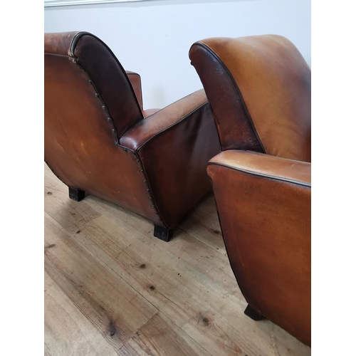 993 - Pair of good quality 1940's French hand dyed tan leather upholstered club chairs { 82cm H X 77cm W X... 