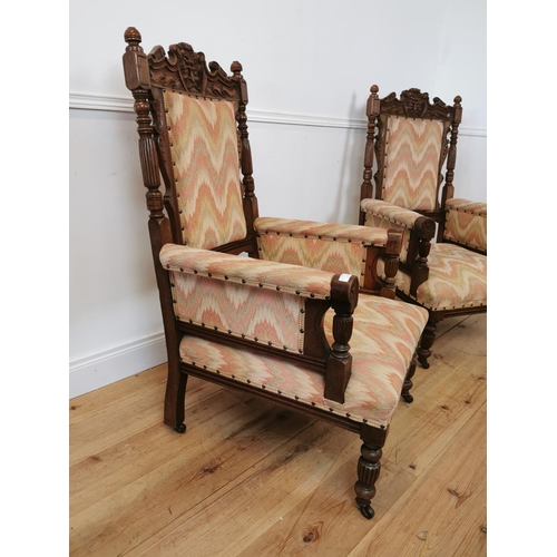 994 - Pair of good quality Edwardian oak upholstered armchairs decorated with the Green Man mask. {118 cm ... 