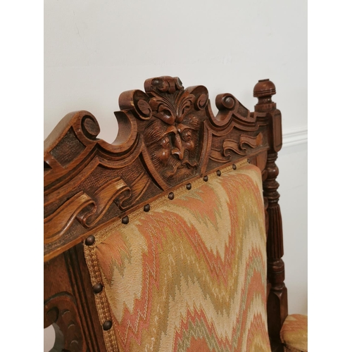 994 - Pair of good quality Edwardian oak upholstered armchairs decorated with the Green Man mask. {118 cm ... 