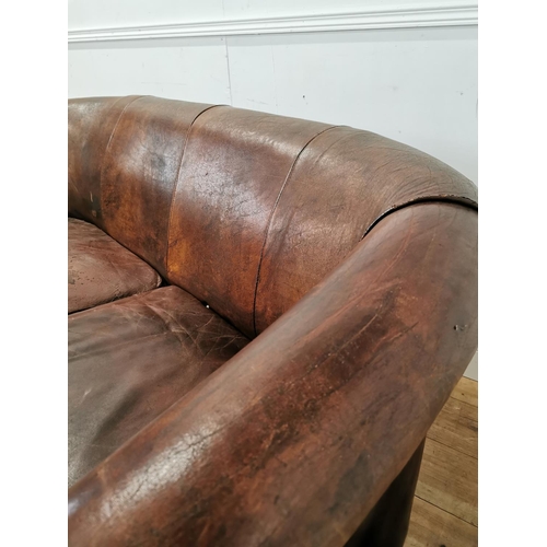 997 - Early 20th. C. French hand dyed cigar leather upholstered two seater couch raised on tapered legs { ... 