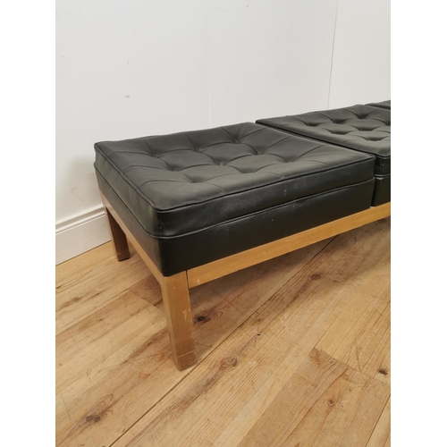 998 - Mid century pine vinyl upholstered bench { 40cm H X 175cm W X 57cm D }.